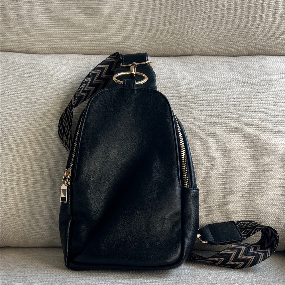 Black Sling Bag with Patterned Strap